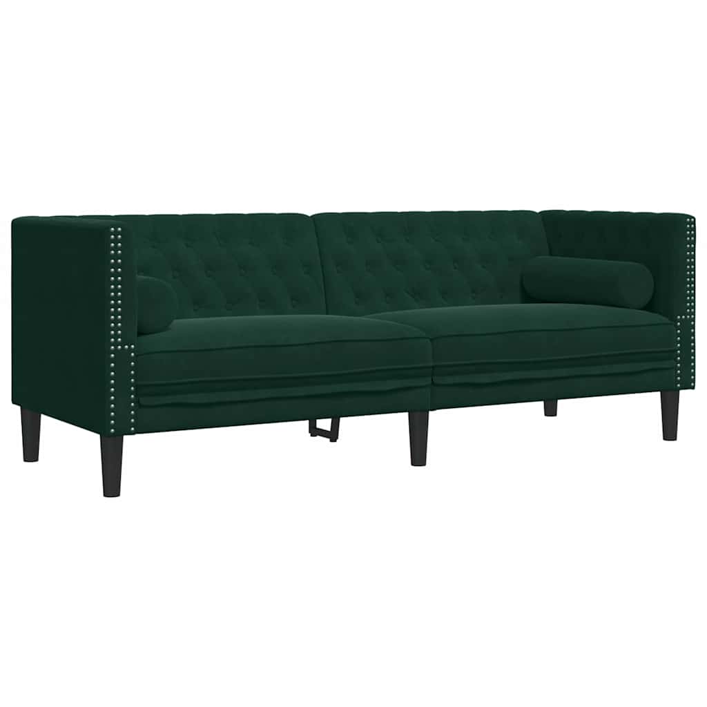 2 Pcs conj. de sofás chesterfield com rolos veludo verde-escuro