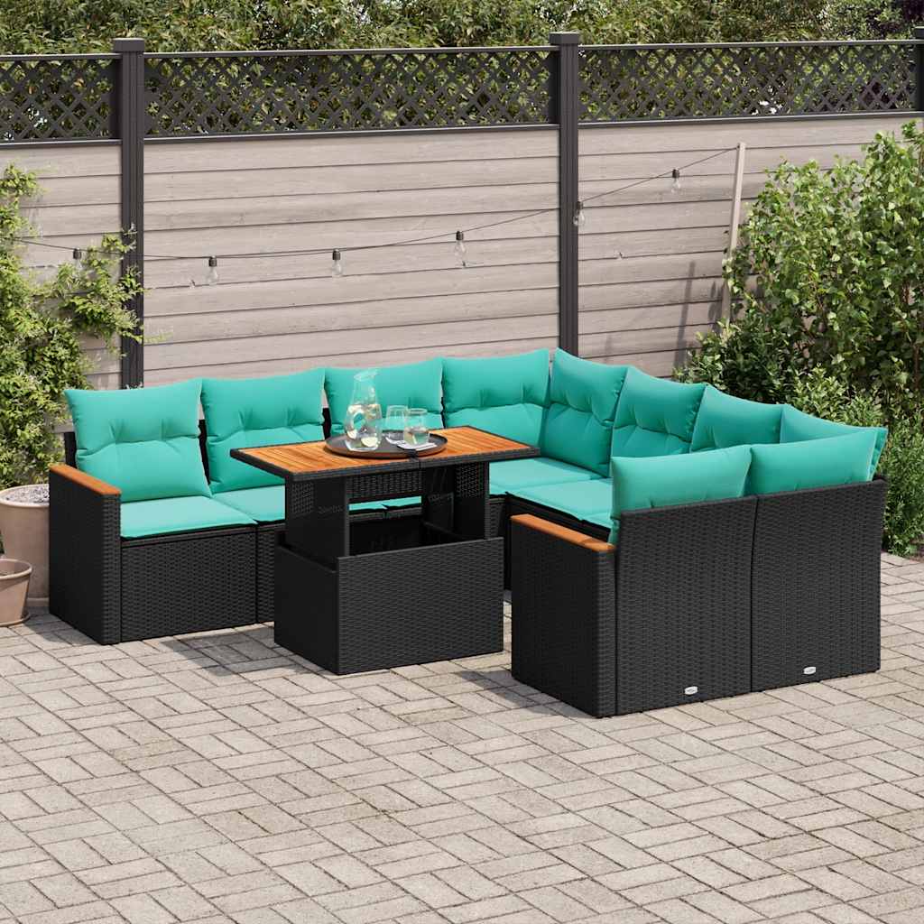 9 Pcs conjunto de sofás p/ jardim c/ almofadões vime PE preto