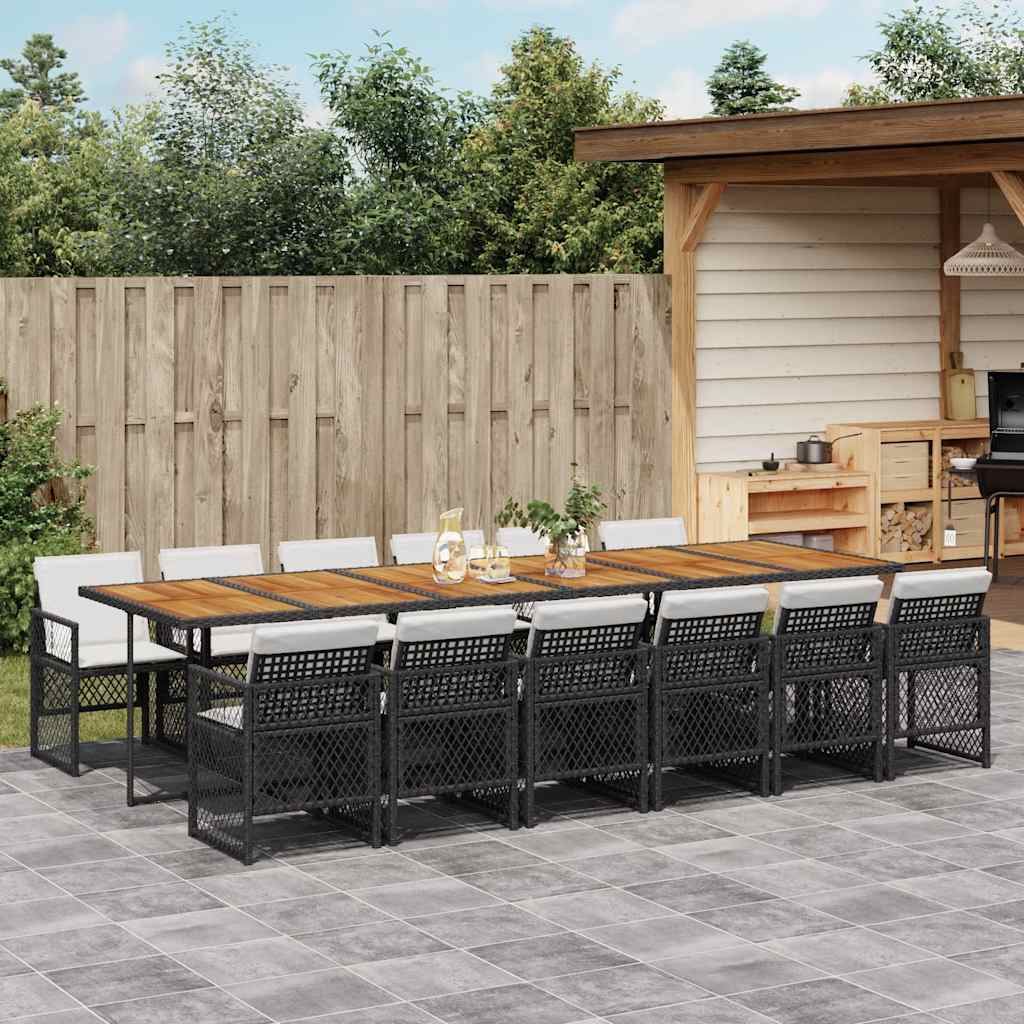 13 Pcs conjunto de jantar p/jardim com almofadões vime PE preto