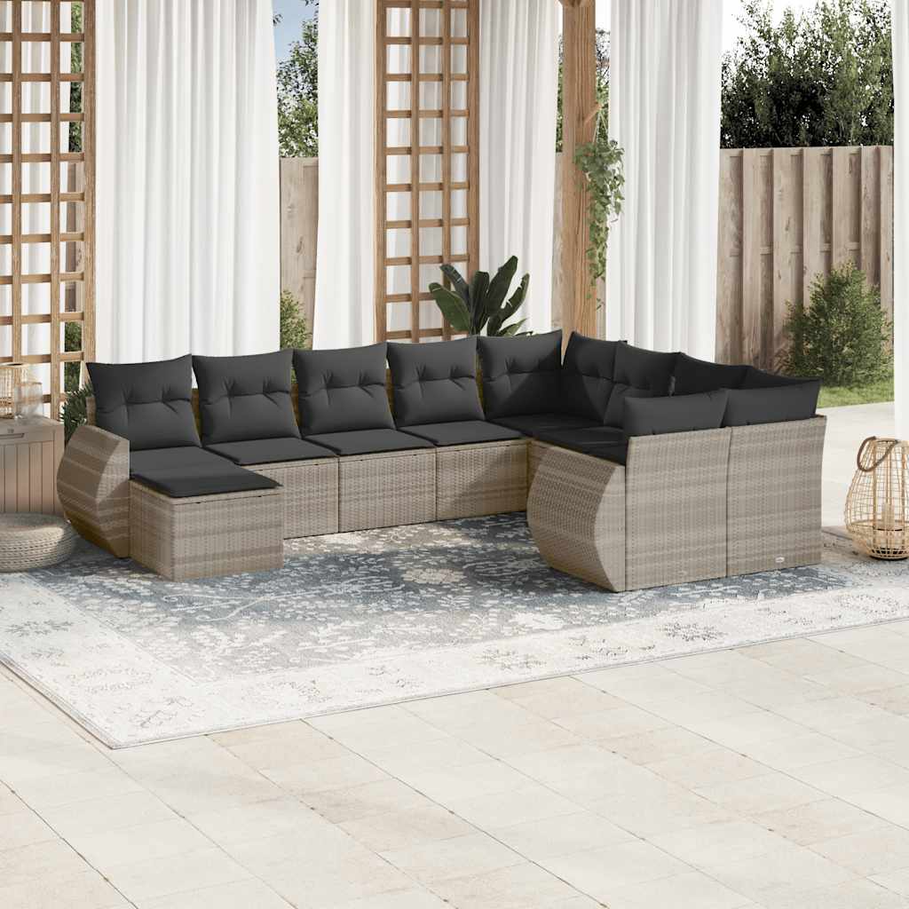10 Pcs conj. sofás jardim com almofadões vime PE cinzento-claro