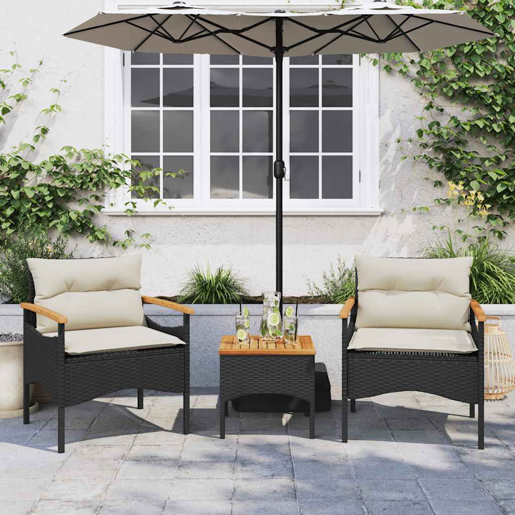 3 Pcs conjunto sofás de jardim com almofadões vime PE preto