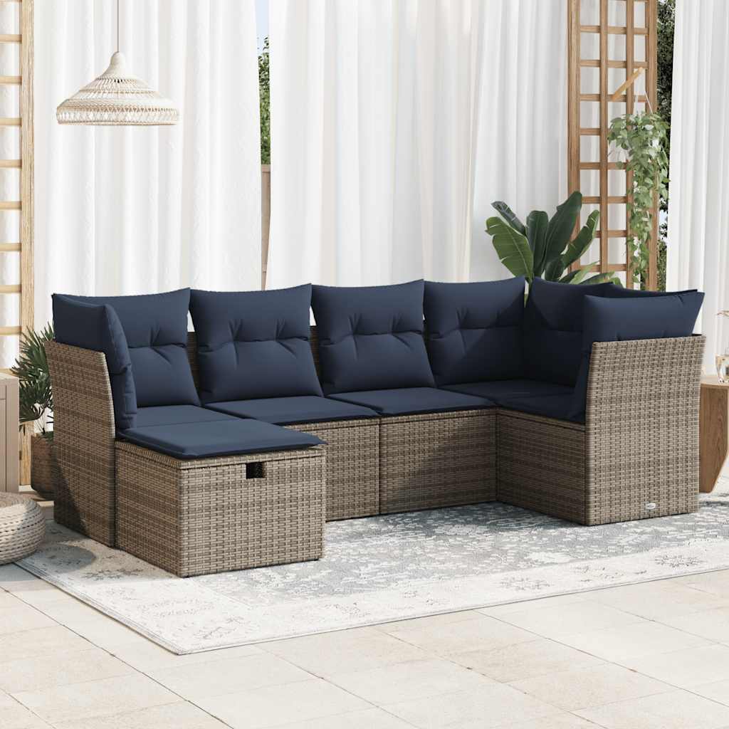 6 Pcs conjunto sofás de jardim com almofadões vime cinzento