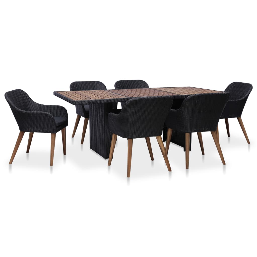 7 Pcs conjunto jantar exterior com almofadões vime PE preto
