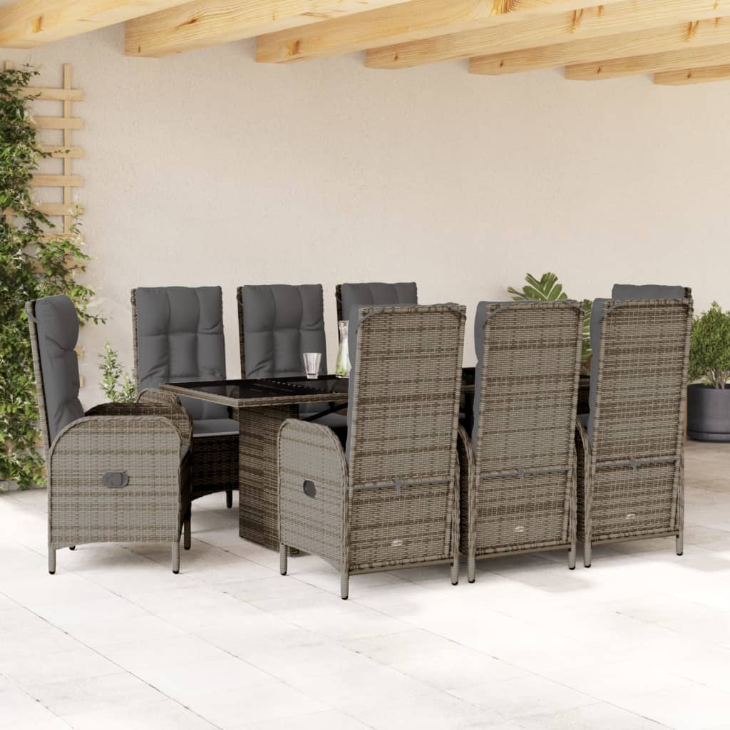 9 Pcs conjunto de jantar p/ jardim c/ almofadões vime PE cinza
