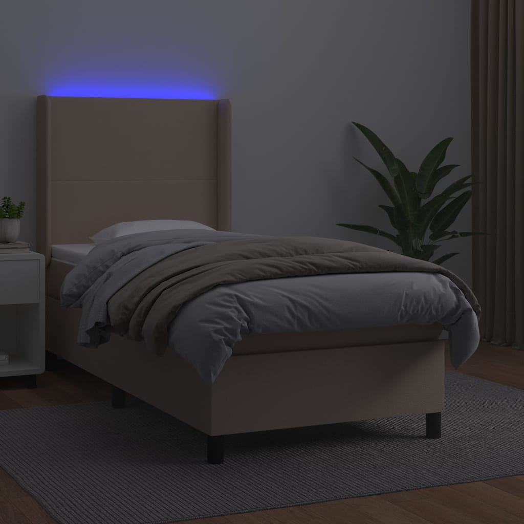 Cama box spring c/colchão/LED 100x200cm couro artif. cappuccino