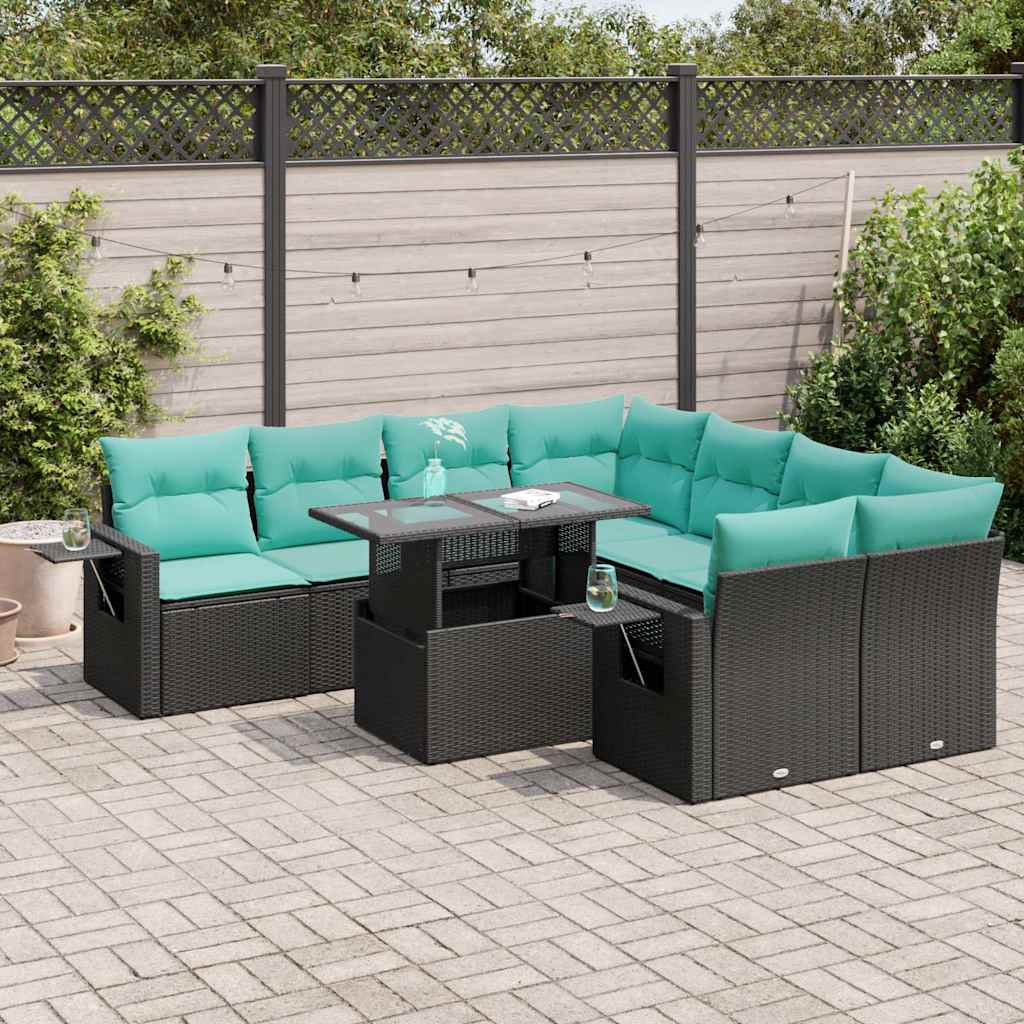 9 Pcs conj. sofás jardim c/ almofadões vime PE/acácia preto