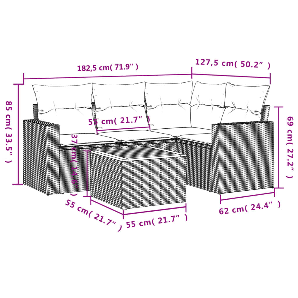 5 Pcs conjunto sofás de jardim com almofadões vime PE preto