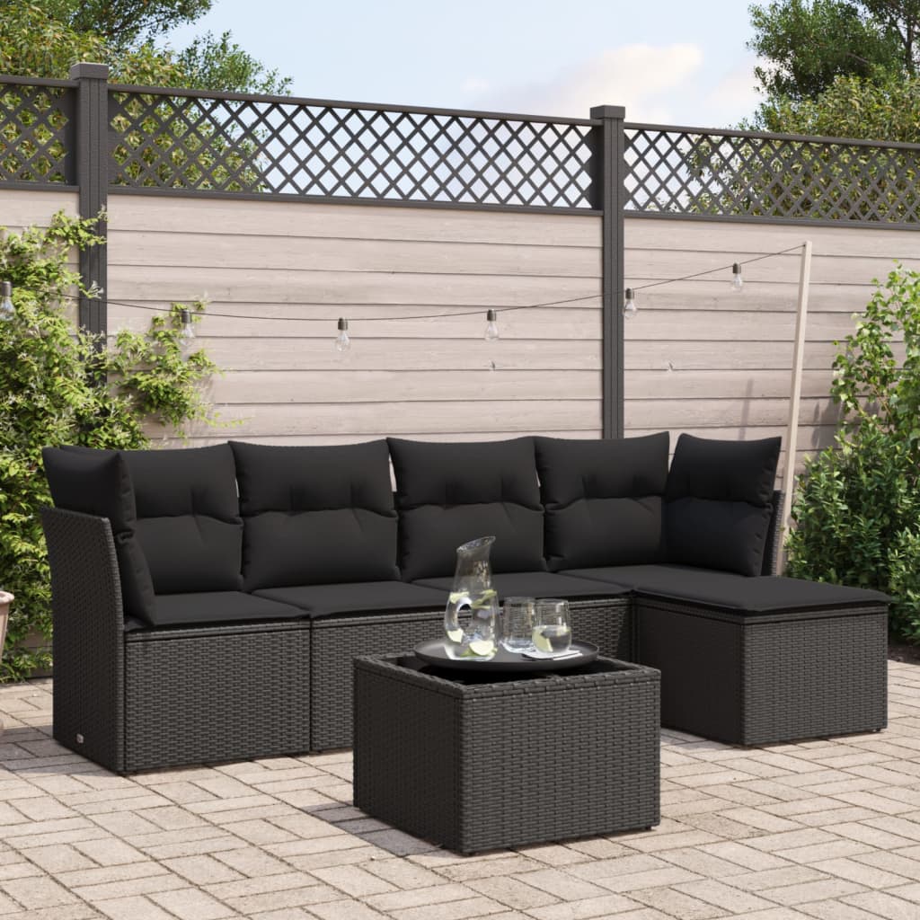 6 Pcs conjunto sofás de jardim c/ almofadões vime PE preto