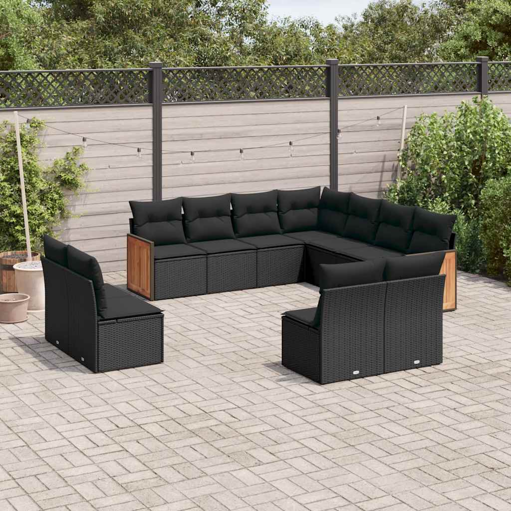 11 Pcs conjunto sofás de jardim c/ almofadões vime PE preto