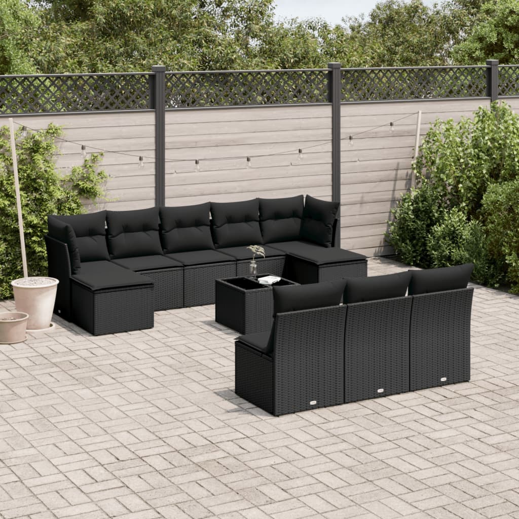 11 Pcs conjunto sofás de jardim c/ almofadões vime PE preto