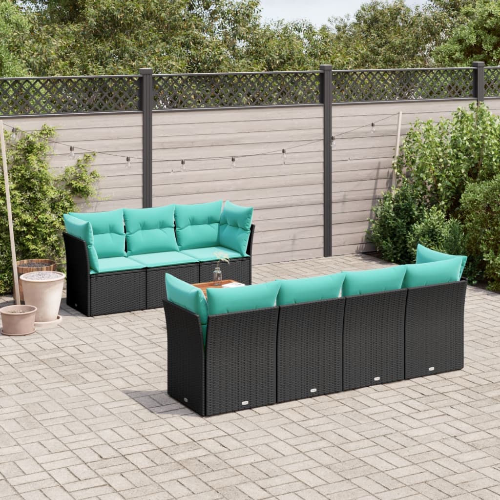 8 Pcs conjunto de sofás p/ jardim c/ almofadões vime PE preto