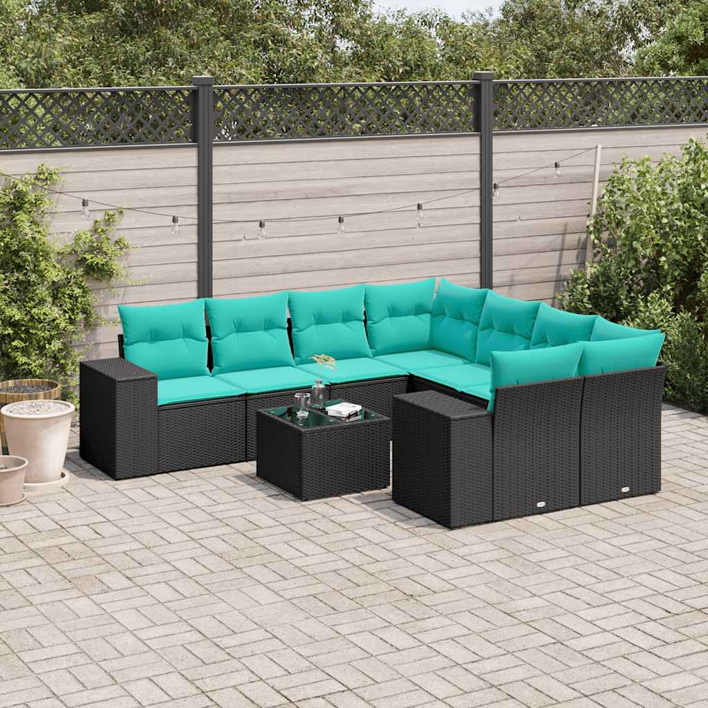 Conjunto de sofá de jardim de 9 peças com almofadas em rattan sintético preto