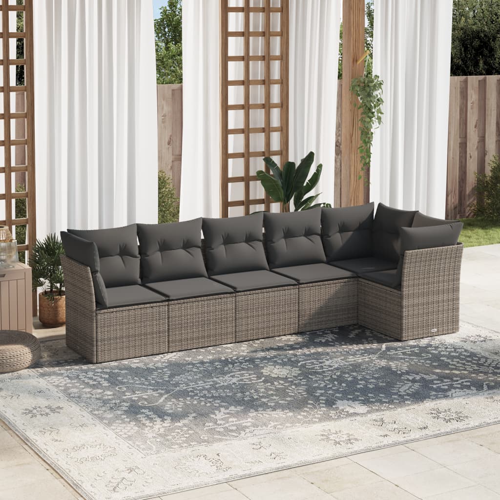 6 Pcs conjunto sofás de jardim com almofadões vime cinzento