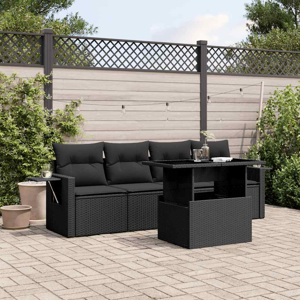 5 Pcs conjunto sofás de jardim com almofadões vime PE preto