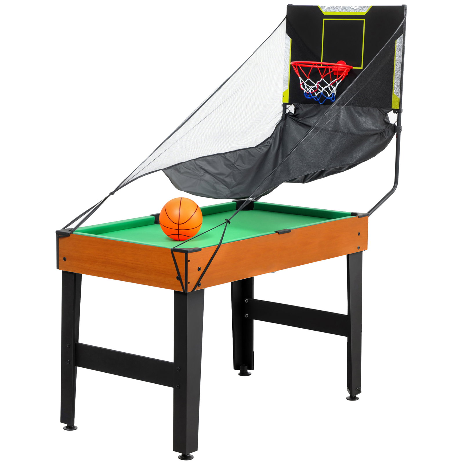 Mesa multijogos 5 em 1 mesa de jogo com matraquilho bilhar ping-pong hóquei e basquetebol 134x108x144 cm madeira e preto