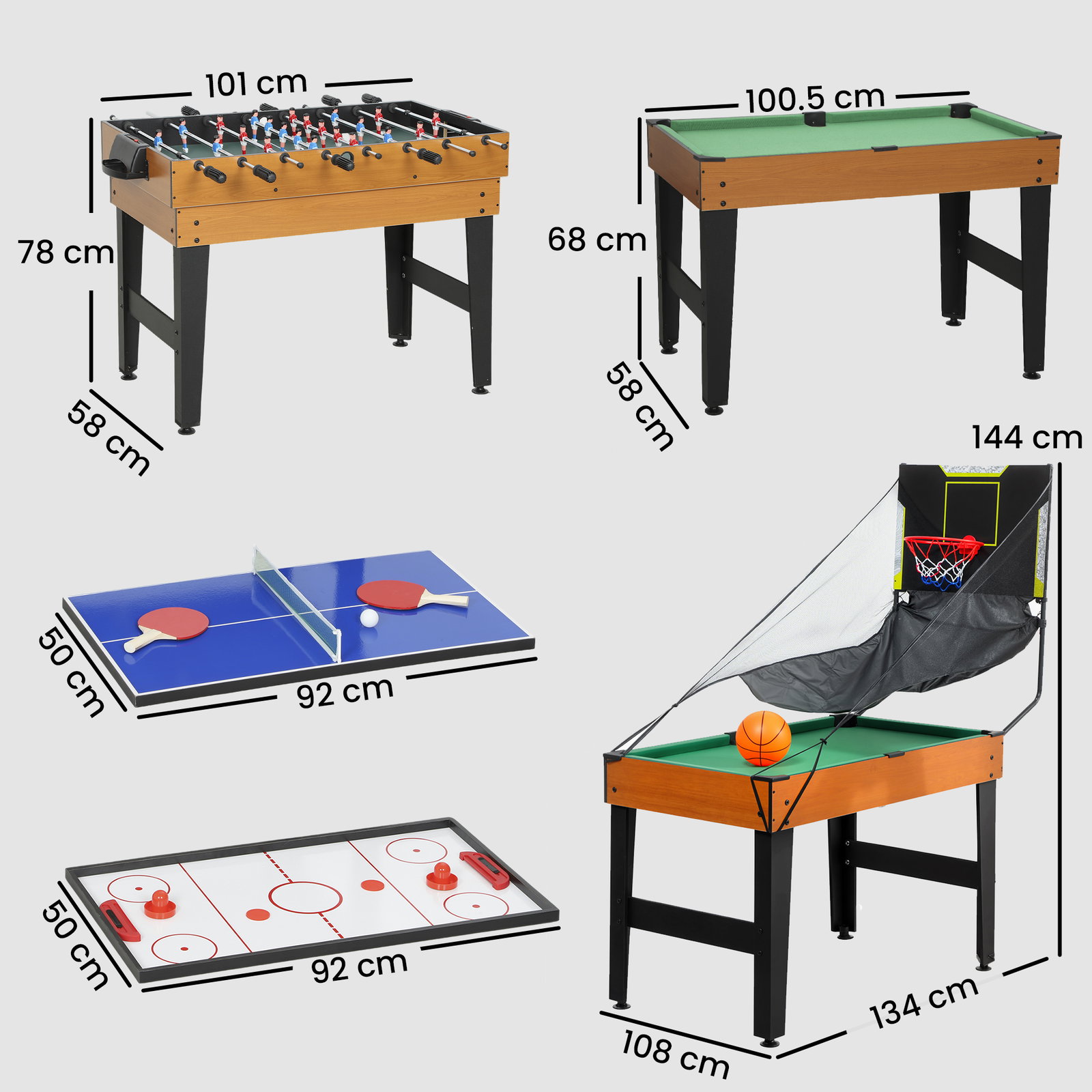 Mesa multijogos 5 em 1 mesa de jogo com matraquilho bilhar ping-pong hóquei e basquetebol 134x108x144 cm madeira e preto