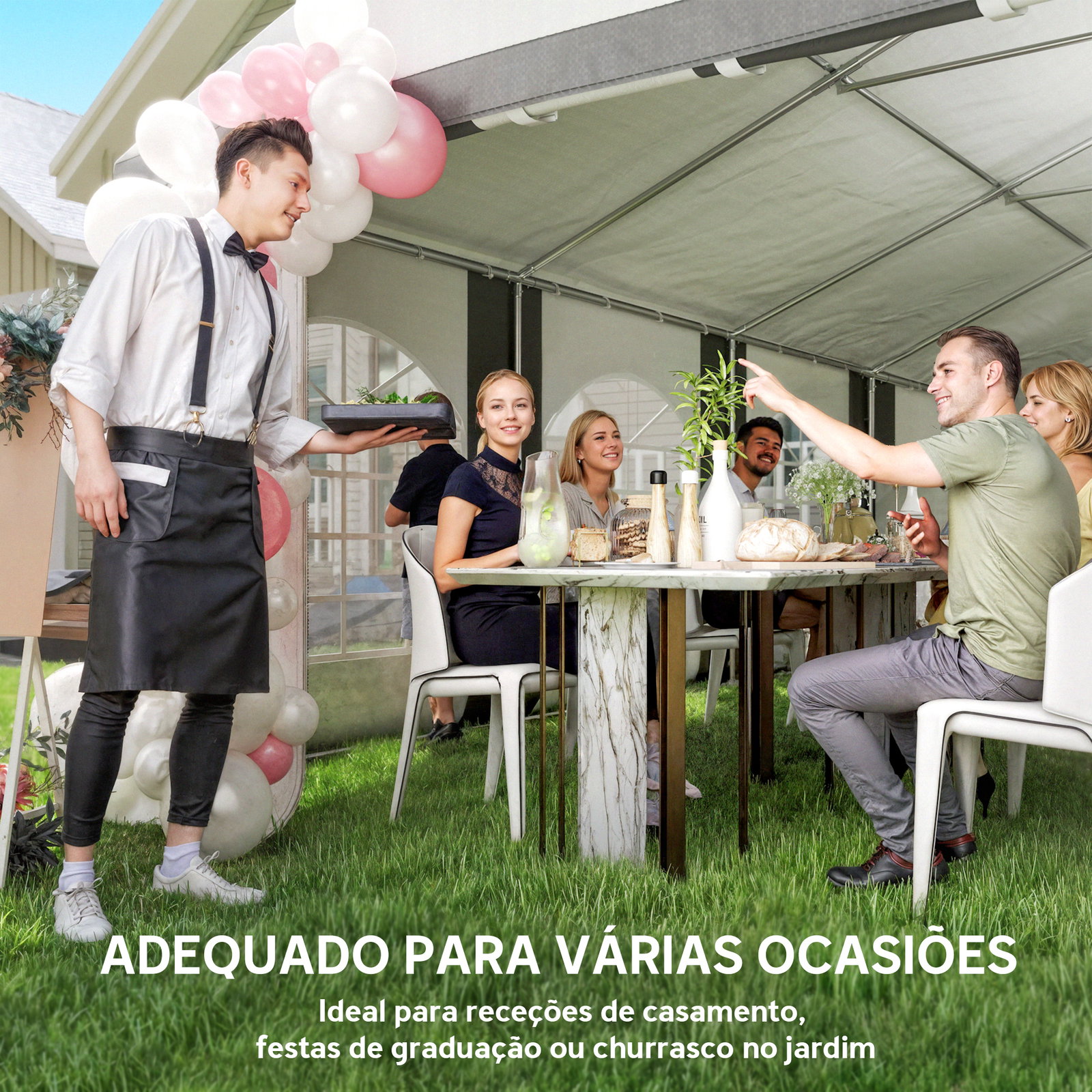 Tenda para festa 4x8 m tenda de jardim com paredes removíveis portas e janelas anti-UV para casamento e eventos cinzento