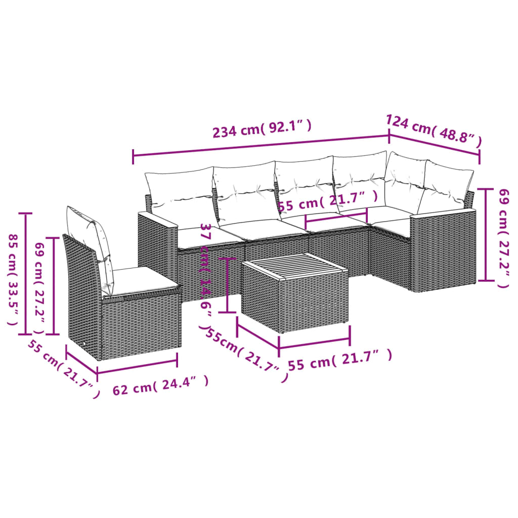 7 Pcs conjunto de sofás p/ jardim com almofadões vime PE bege