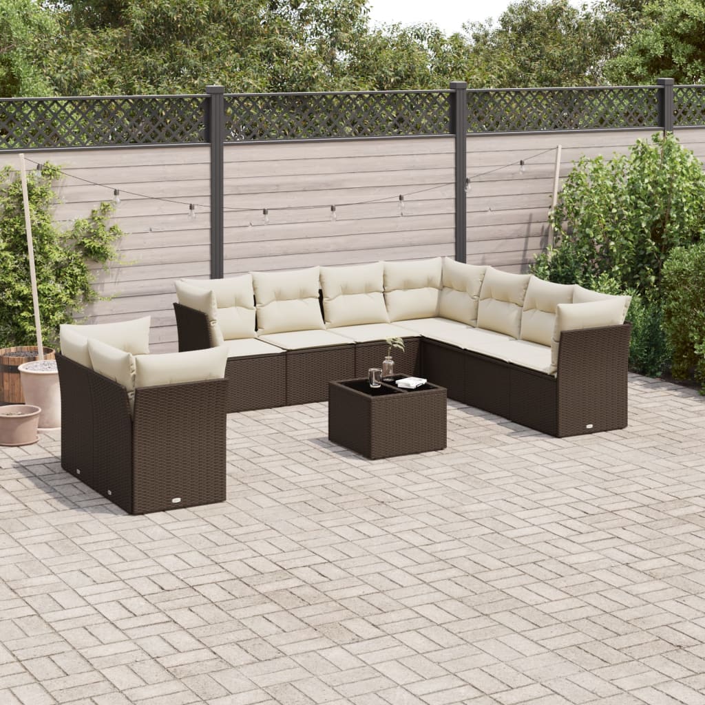 10 Pcs conj. sofás jardim com almofadões vime PE castanho