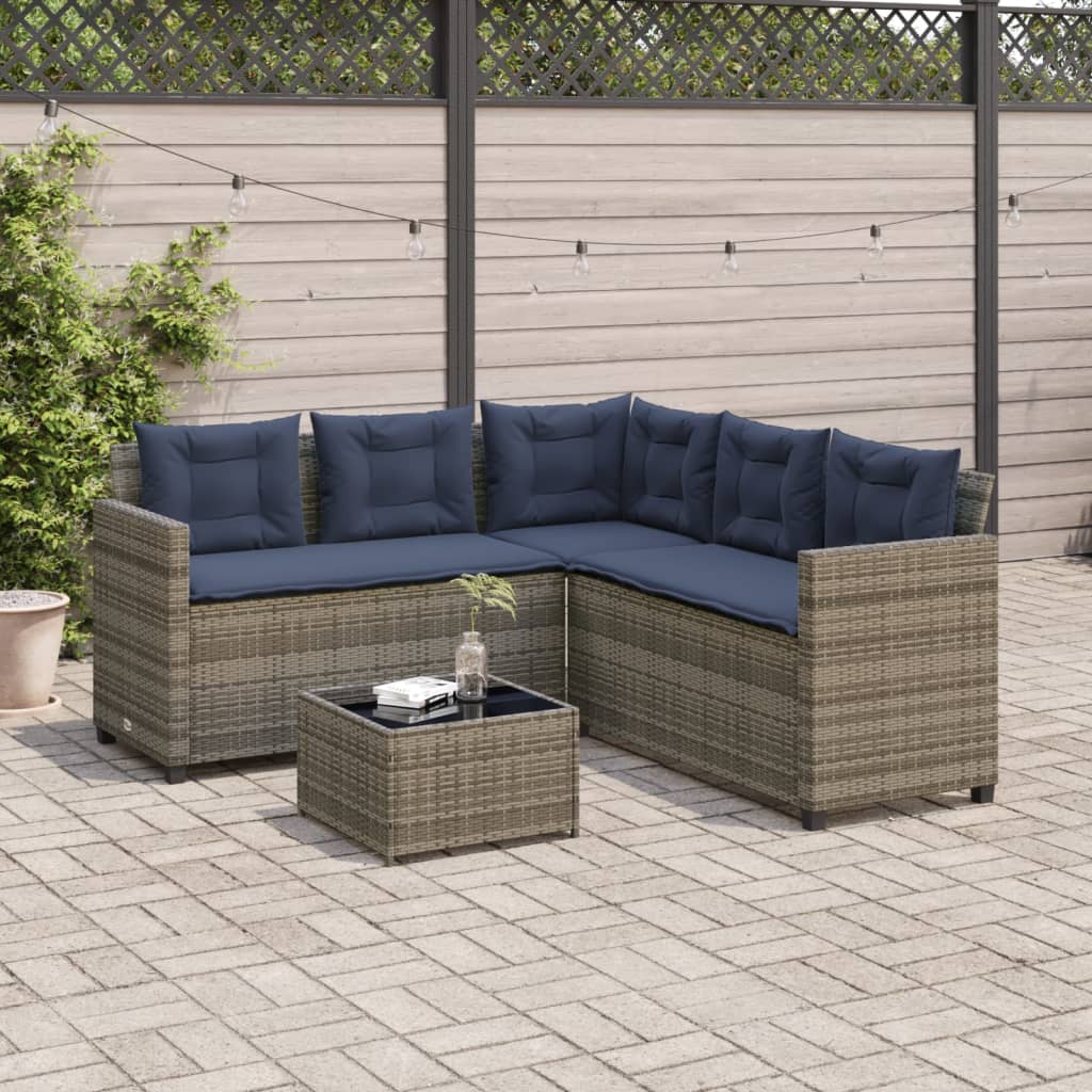 Sofá de jardim em formato de l com mesa e almofadas, em rattan sintético cinza