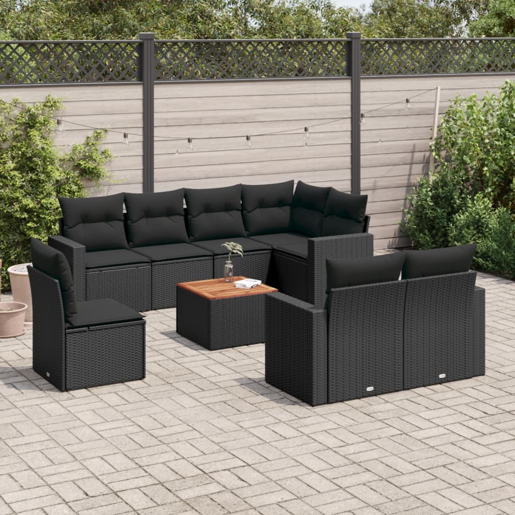 9 Pcs conjunto de sofás p/ jardim c/ almofadões vime PE preto