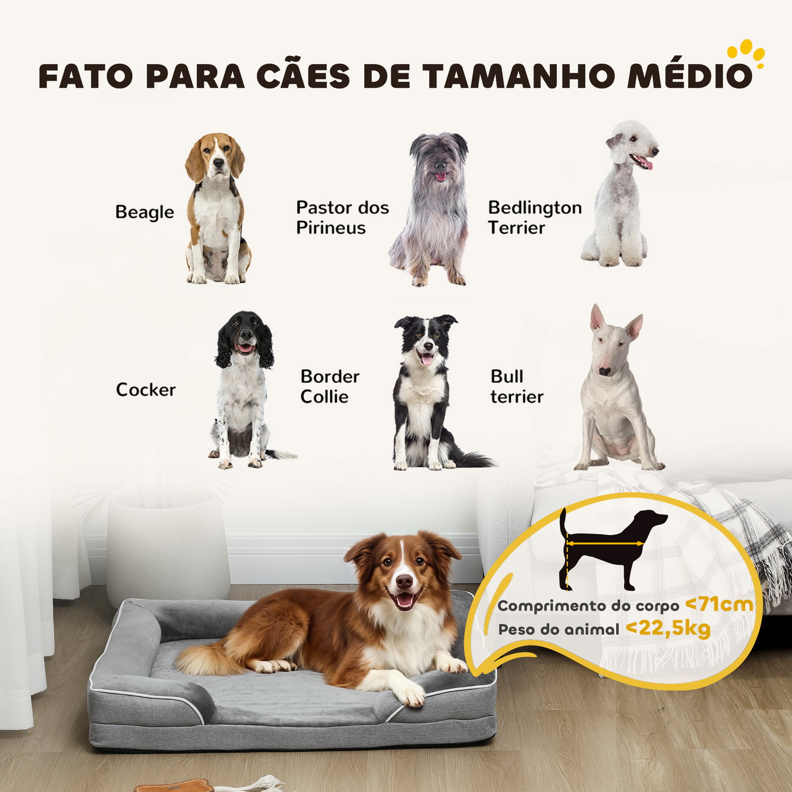 Cama para cães com base antiderrapante capa lavável 91,5x68,5x16,5 cm cinza