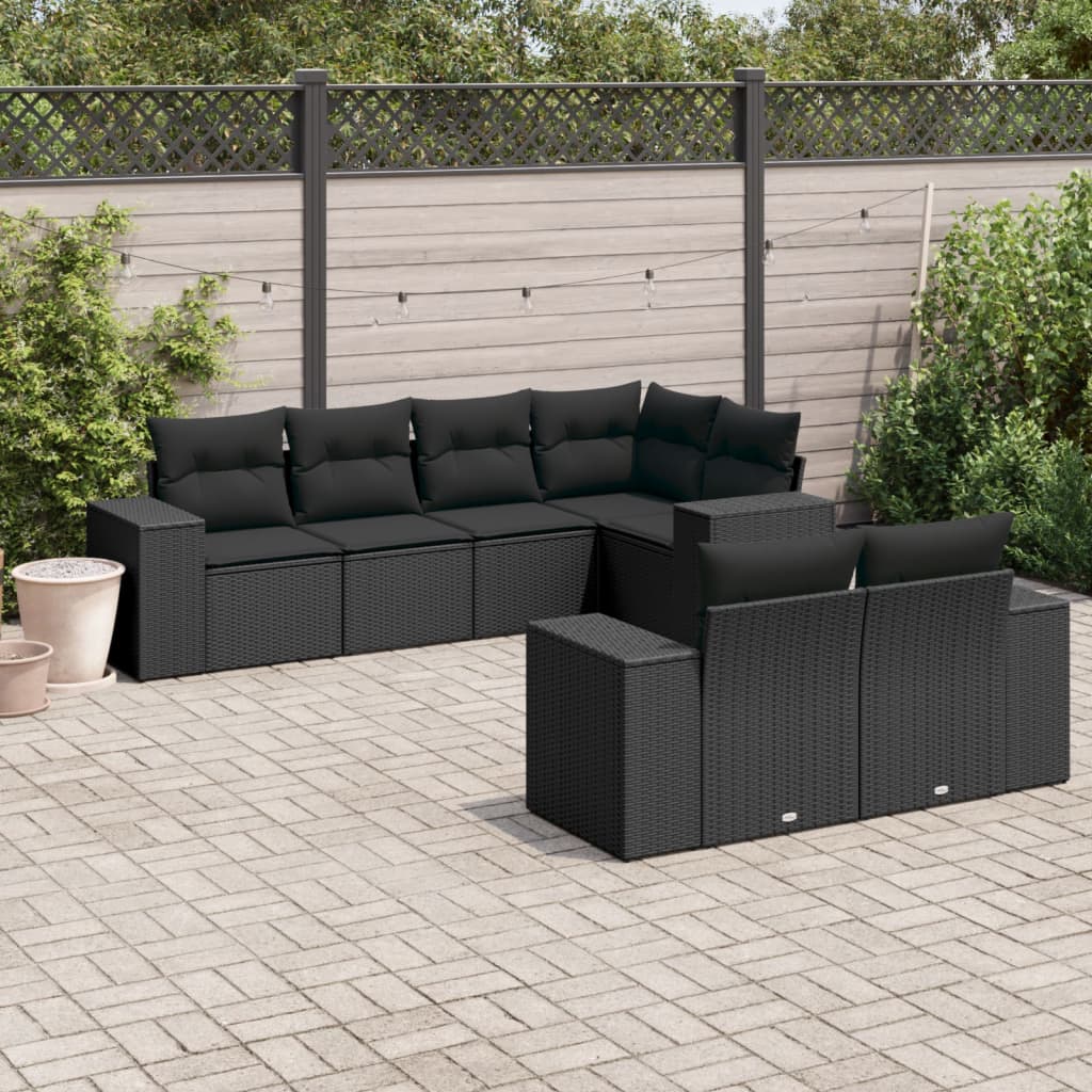 7 Pcs conjunto de sofás p/ jardim c/ almofadões vime PE preto