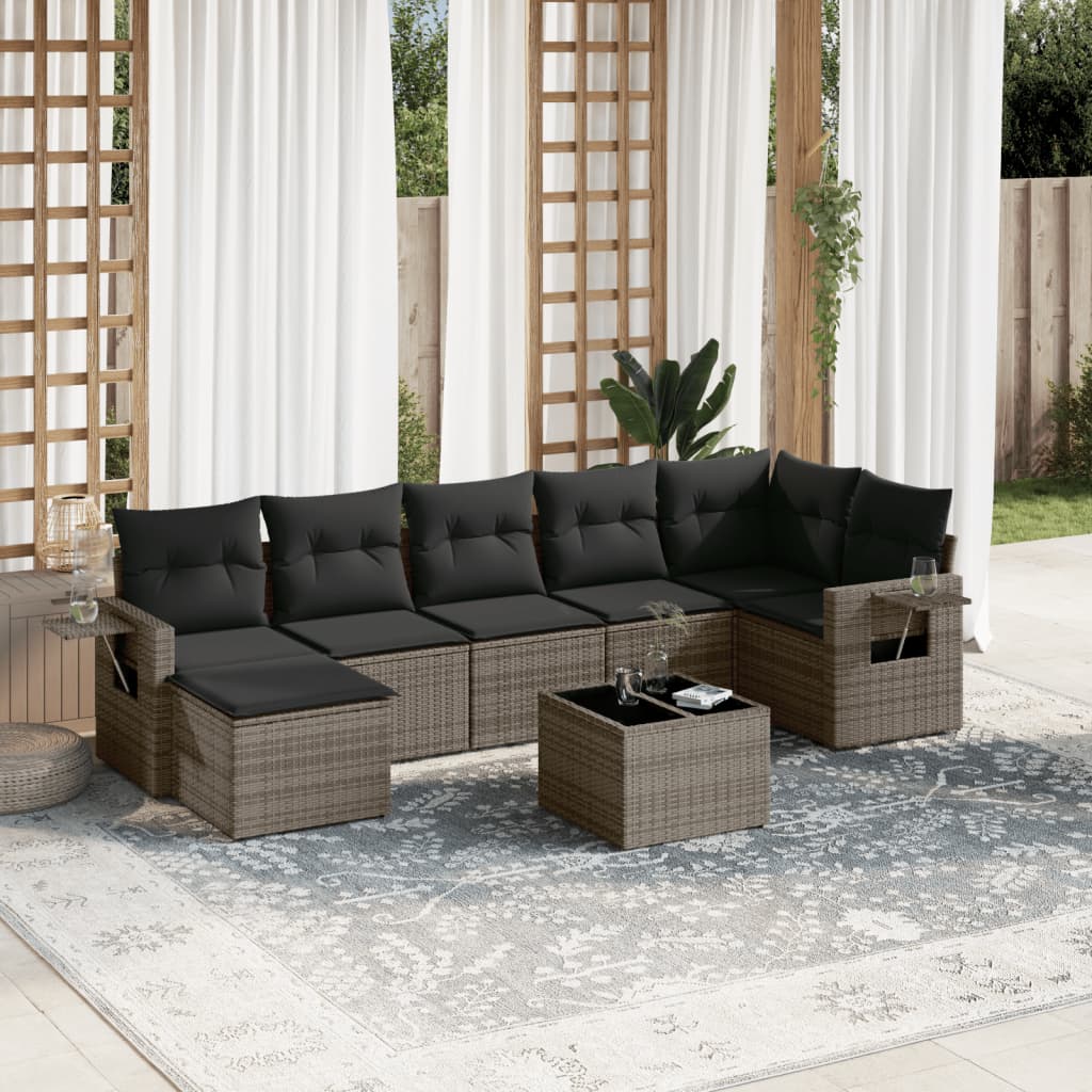 8 Pcs conjunto sofás de jardim c/ almofadões vime PE cinzento