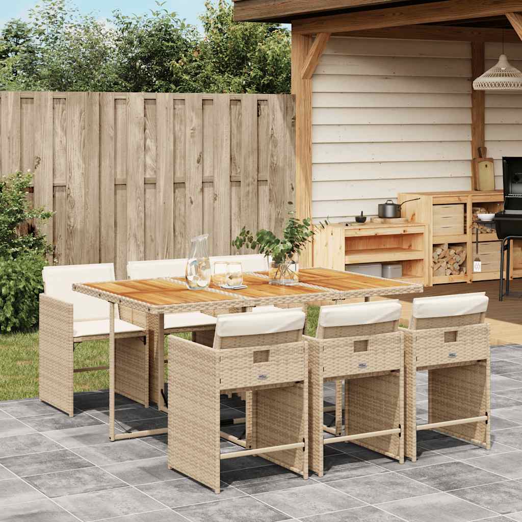 7 Pcs conjunto de jantar p/ jardim com almofadões vime PE bege