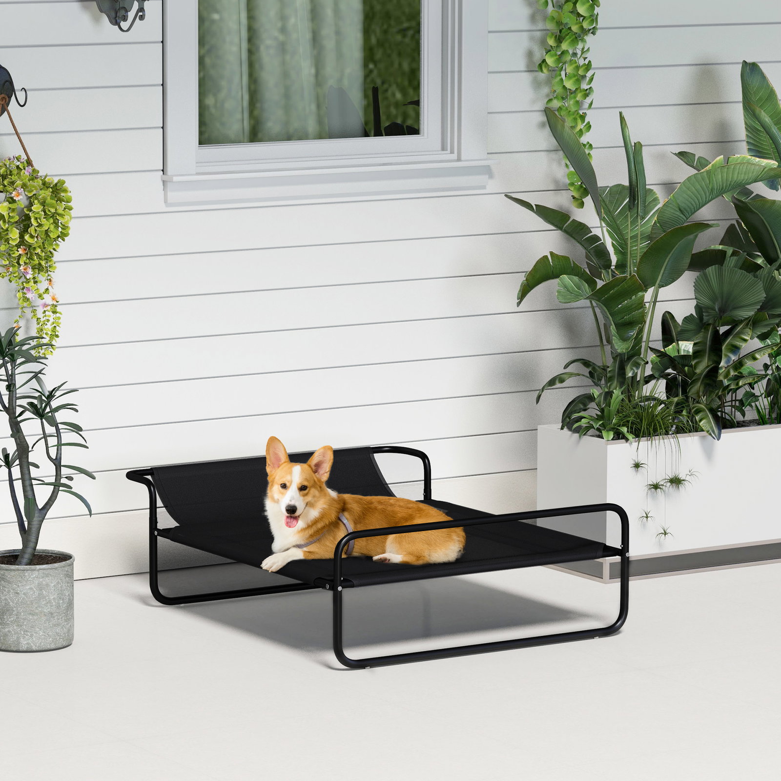 Cama elevada para cães respirável para cães pequenos 91x69x29 cm tecido de textilene apoio de cabeça preto