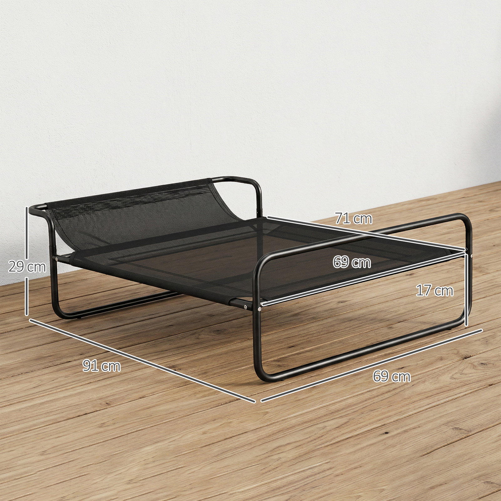 Cama elevada para cães respirável para cães pequenos 91x69x29 cm tecido de textilene apoio de cabeça preto
