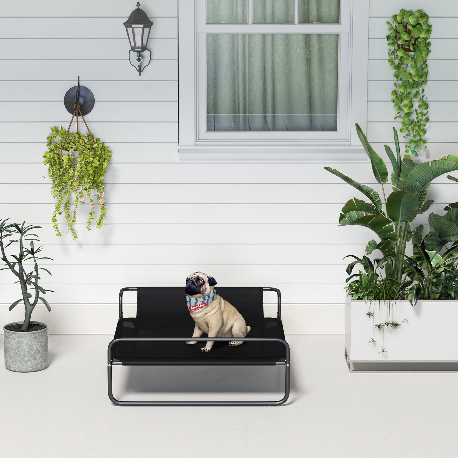 Cama elevada para cães respirável para cães pequenos 91x69x29 cm tecido de textilene apoio de cabeça preto