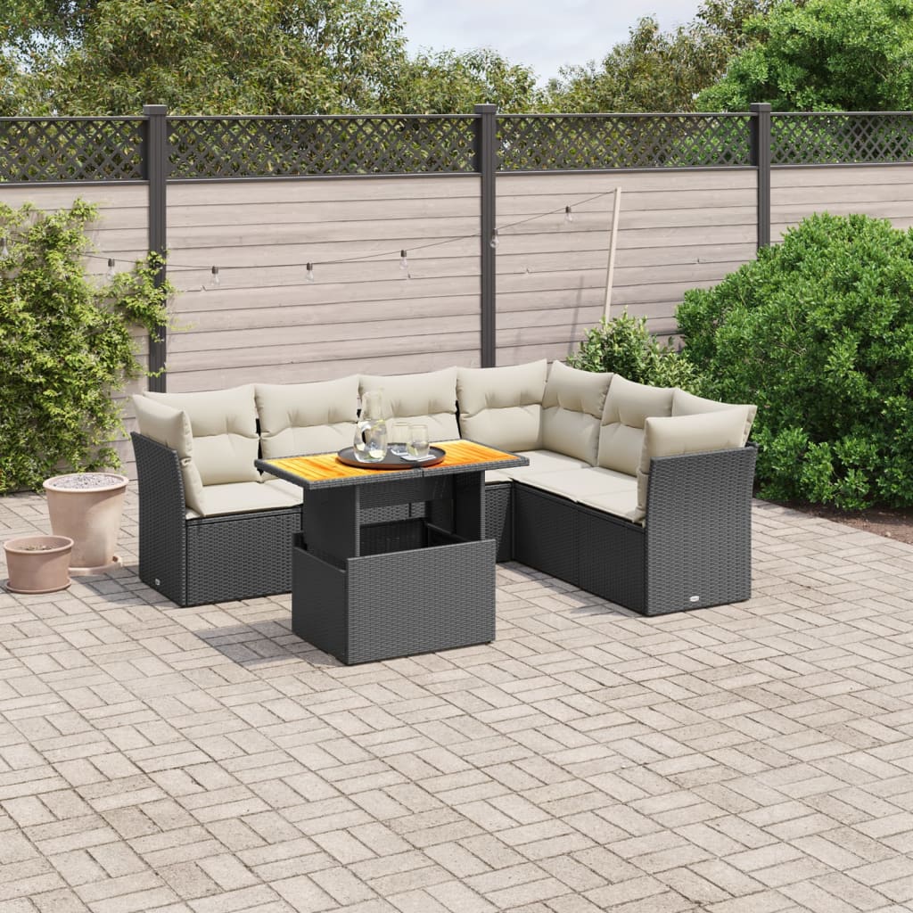 7 Pcs conjunto de sofás p/ jardim c/ almofadões vime PE preto