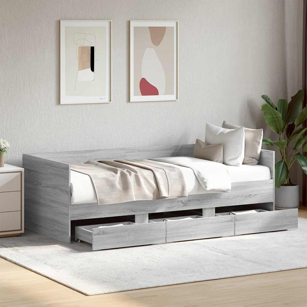 Sofá-cama com gavetas sem colchão 75x190 cm cinzento sonoma