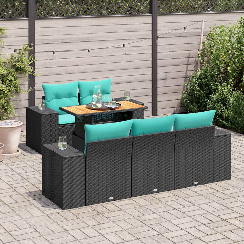 6 Pcs conjunto sofás de jardim c/ almofadões vime PE preto