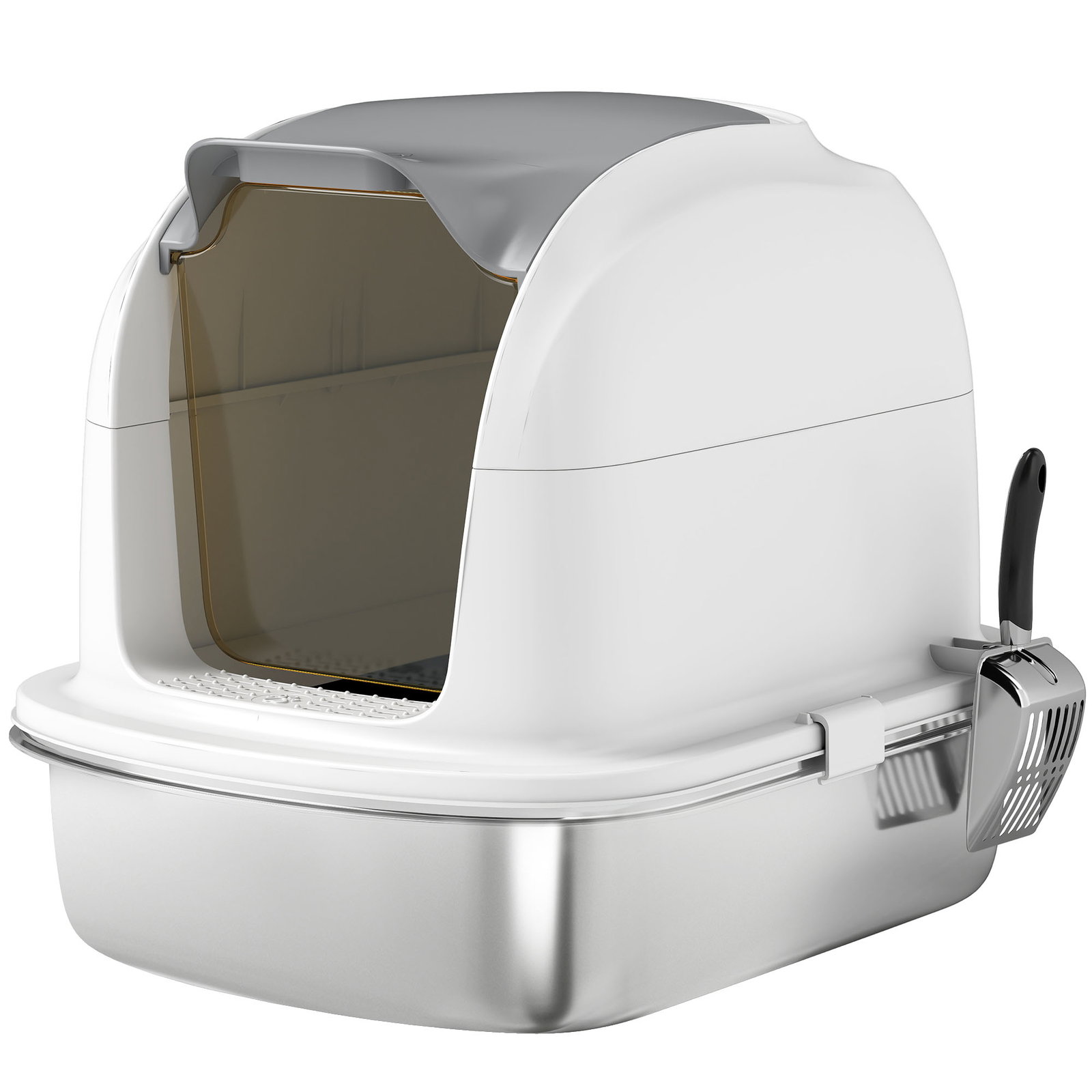 Caixa de areia para gatos em aço inoxidável xl com tampa abatível laterais altas entrada superior e pá 52,4x41,3x42 cm branco