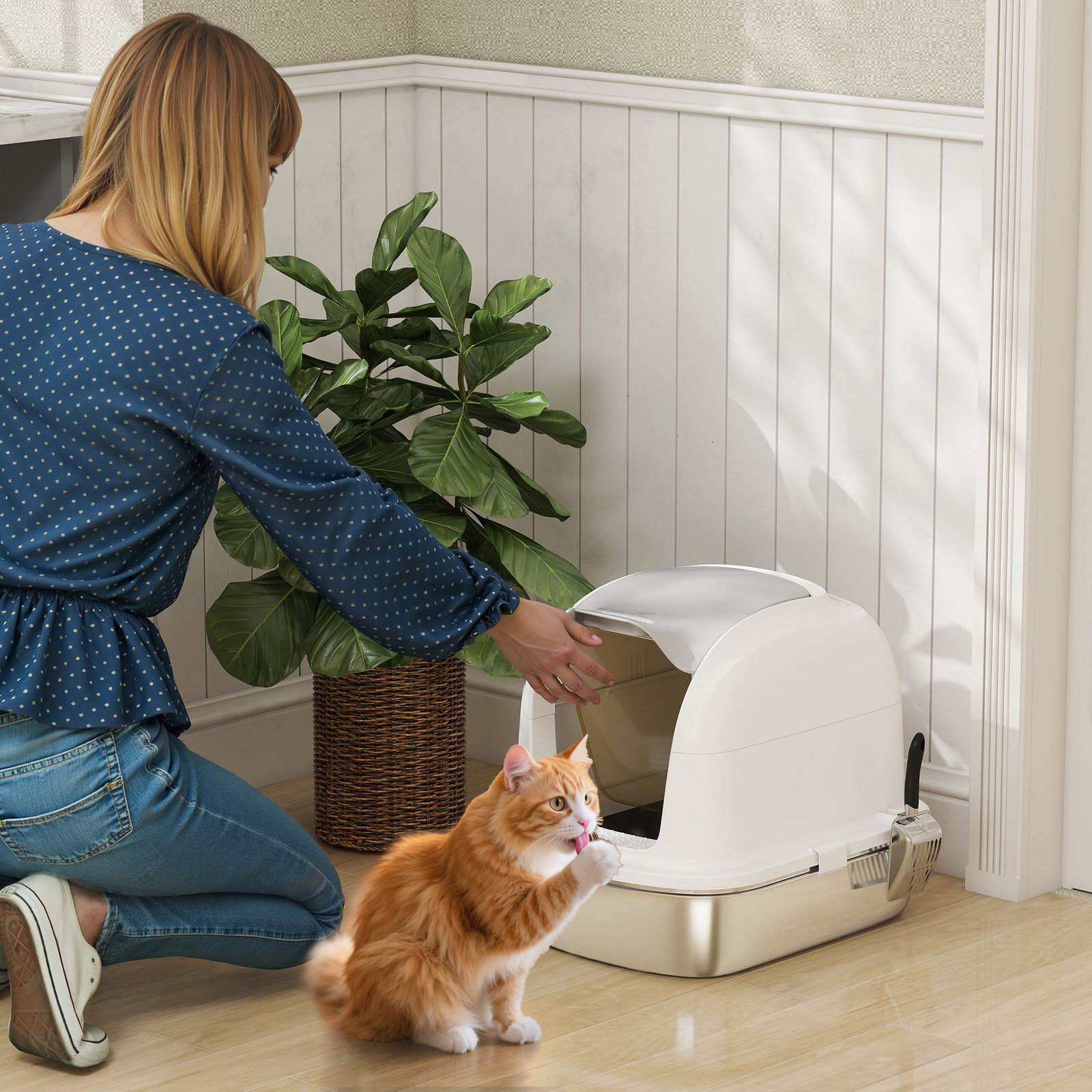 Caixa de areia para gatos em aço inoxidável xl com tampa abatível laterais altas entrada superior e pá 52,4x41,3x42 cm branco