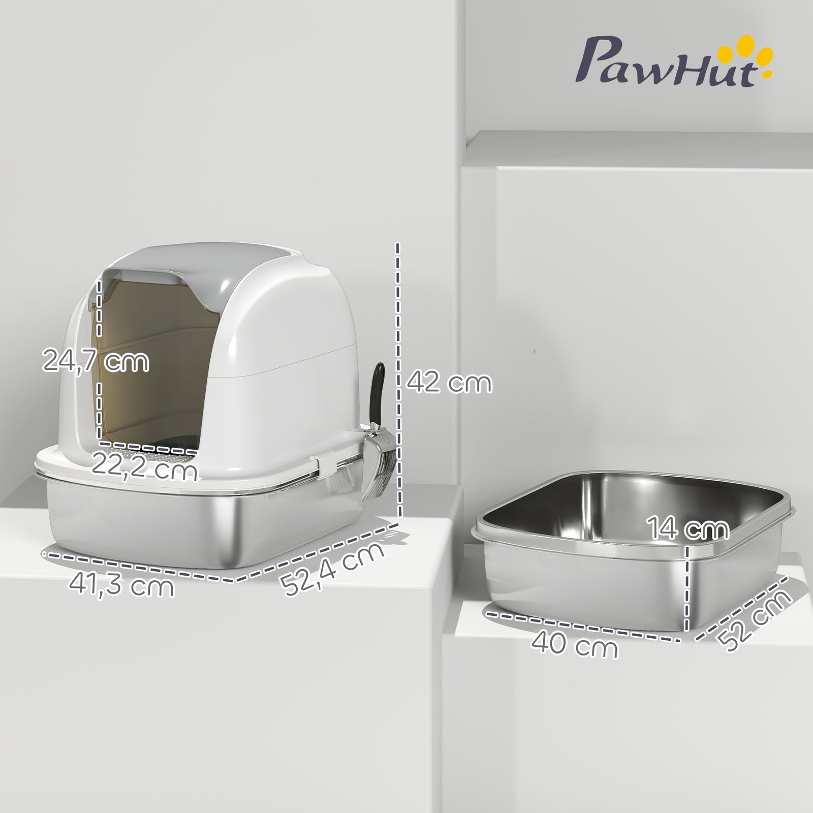 Caixa de areia para gatos em aço inoxidável xl com tampa abatível laterais altas entrada superior e pá 52,4x41,3x42 cm branco