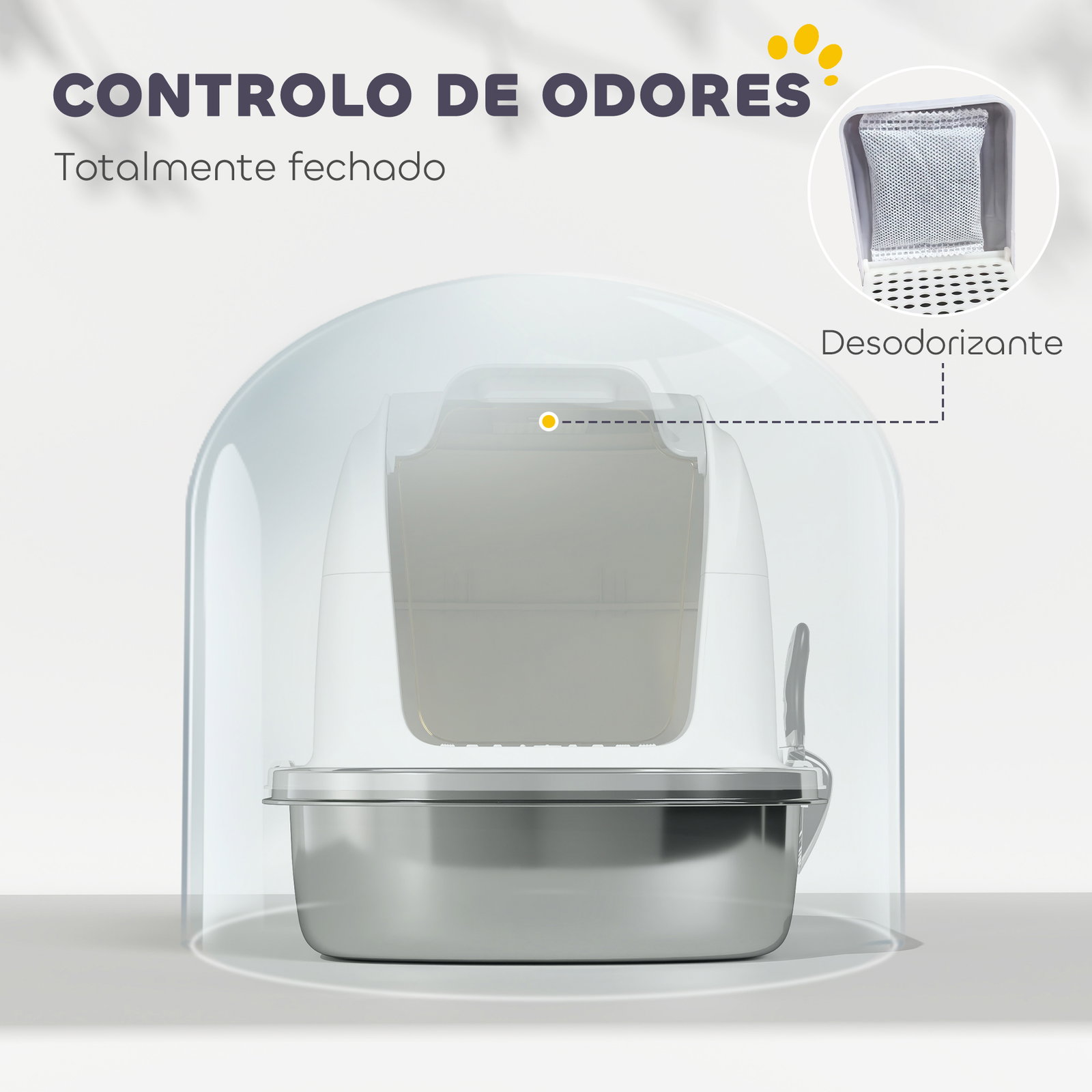 Caixa de areia para gatos em aço inoxidável xl com tampa abatível laterais altas entrada superior e pá 52,4x41,3x42 cm branco