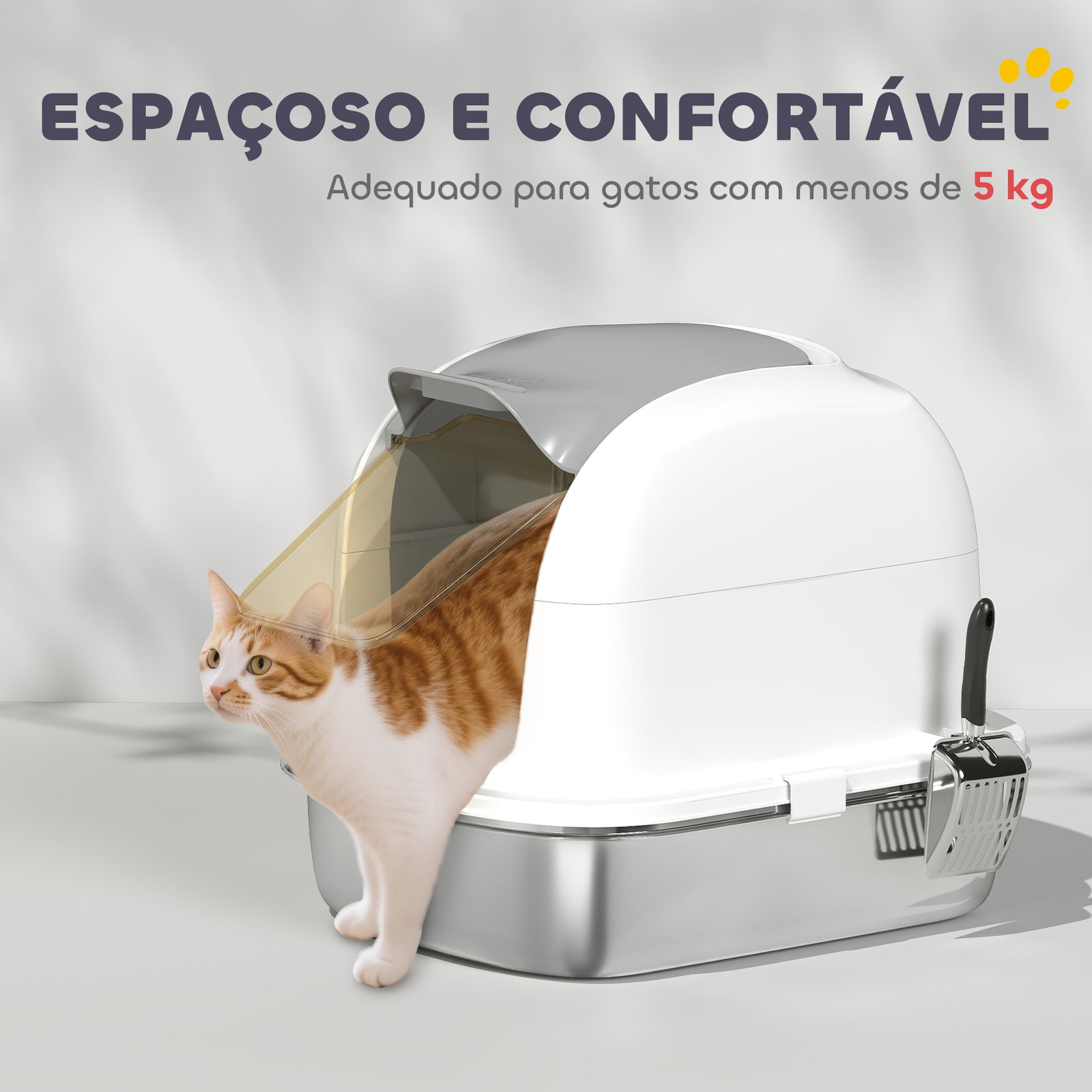 Caixa de areia para gatos em aço inoxidável xl com tampa abatível laterais altas entrada superior e pá 52,4x41,3x42 cm branco