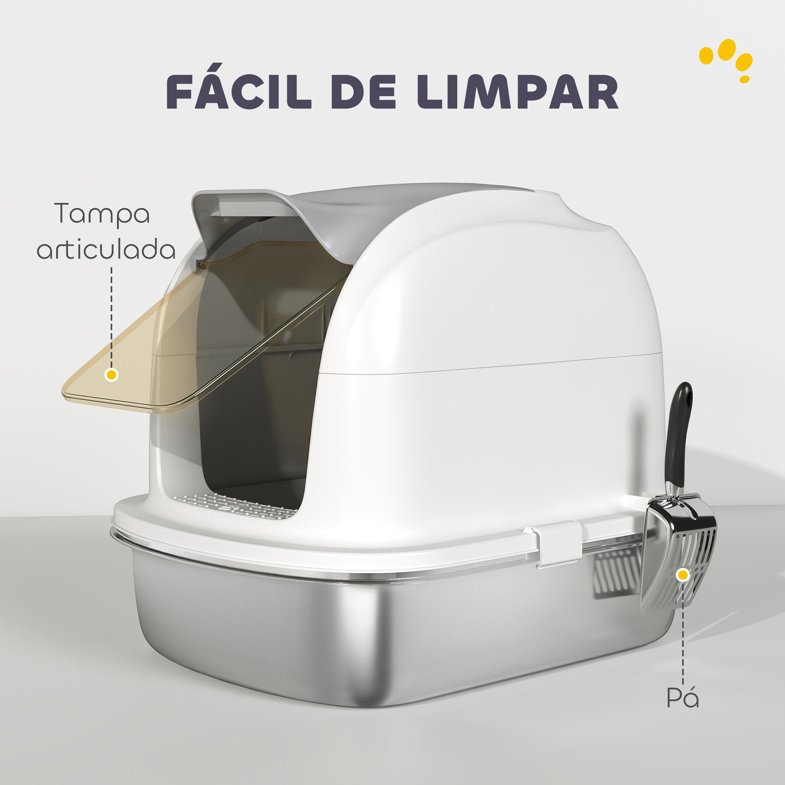 Caixa de areia para gatos em aço inoxidável xl com tampa abatível laterais altas entrada superior e pá 52,4x41,3x42 cm branco