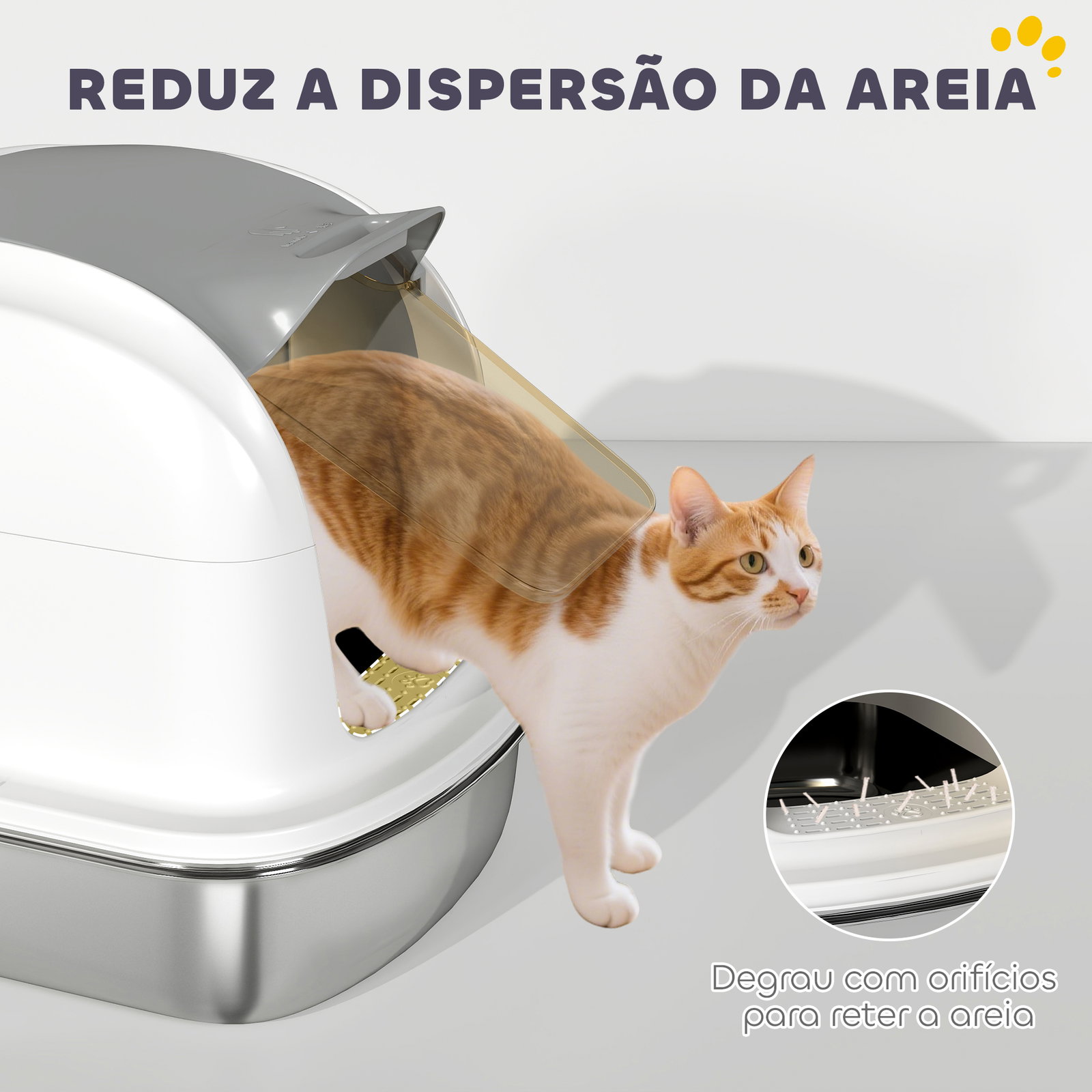 Caixa de areia para gatos em aço inoxidável xl com tampa abatível laterais altas entrada superior e pá 52,4x41,3x42 cm branco