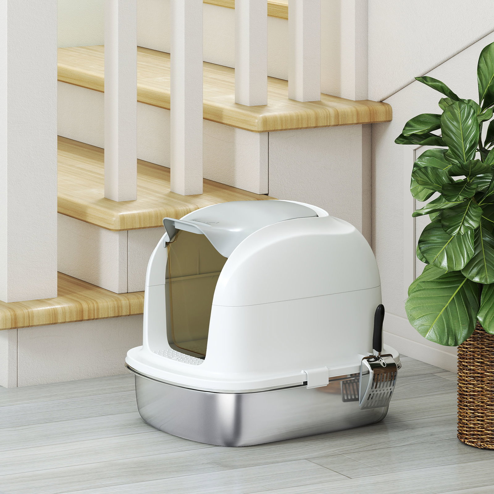 Caixa de areia para gatos em aço inoxidável xl com tampa abatível laterais altas entrada superior e pá 52,4x41,3x42 cm branco