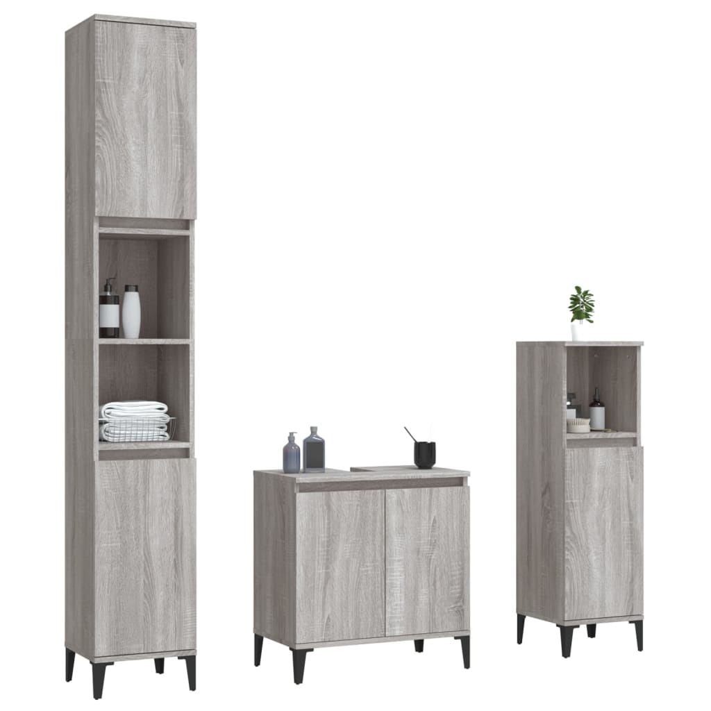 3 Pcs conjunto móveis casa de banho madeira proc. cinza sonoma