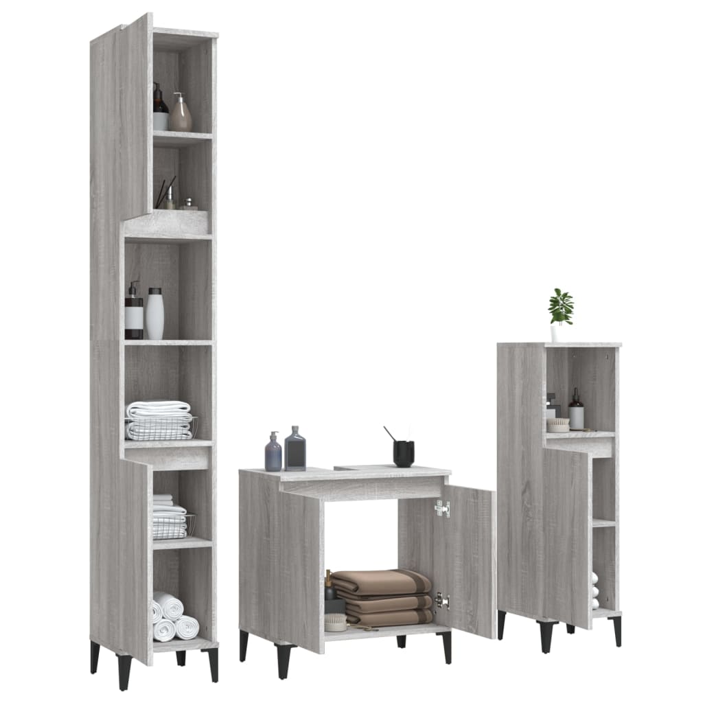 3 Pcs conjunto móveis casa de banho madeira proc. cinza sonoma