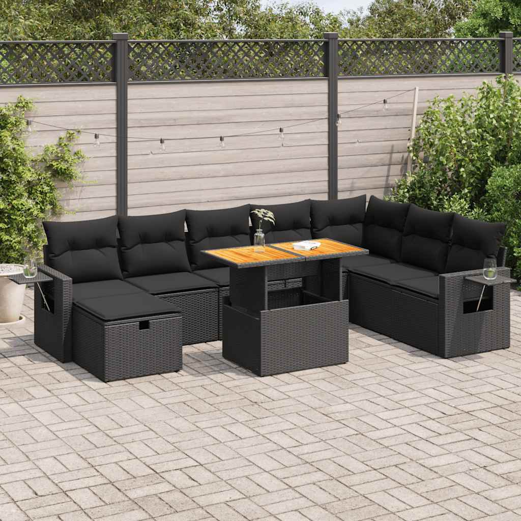 9 Pcs conjunto sofás p/ jardim almofadões vime PE/acácia preto