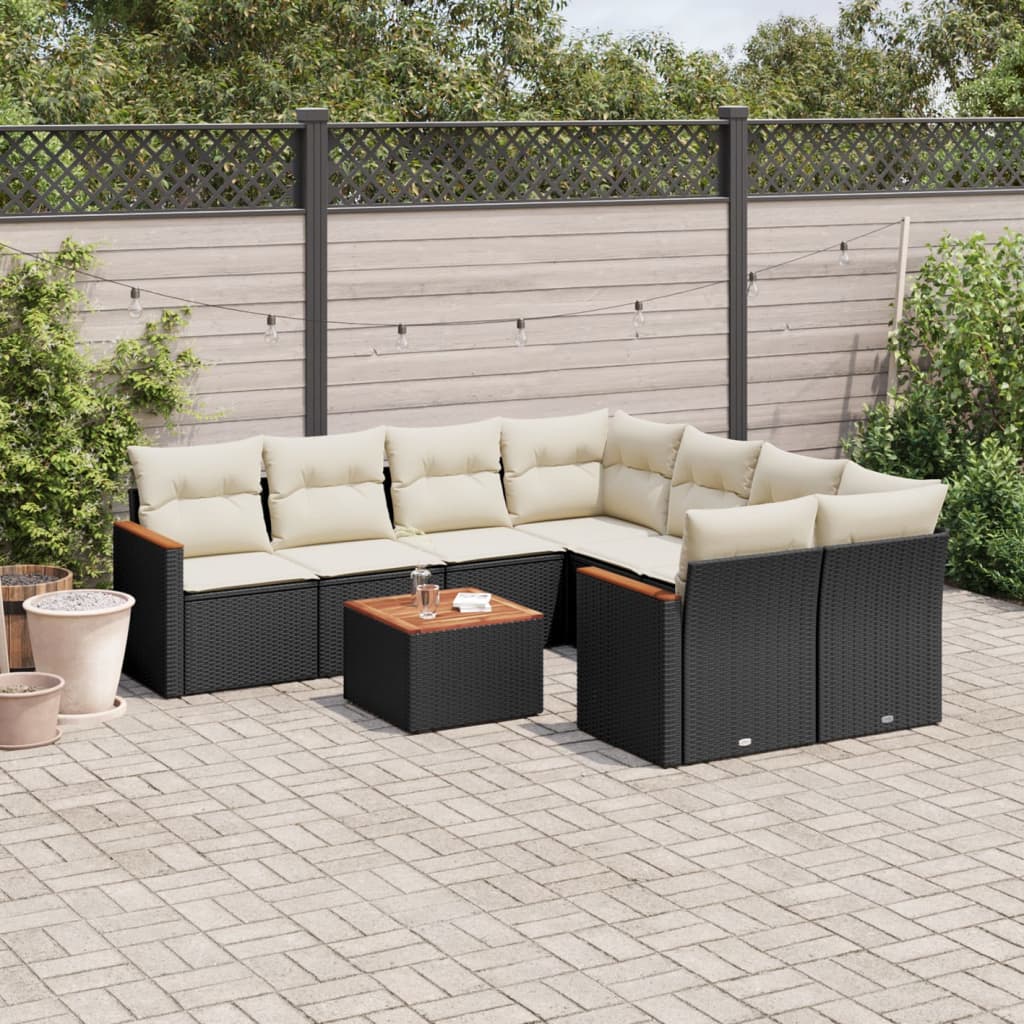 9 Pcs conjunto de sofás p/ jardim c/ almofadões vime PE preto