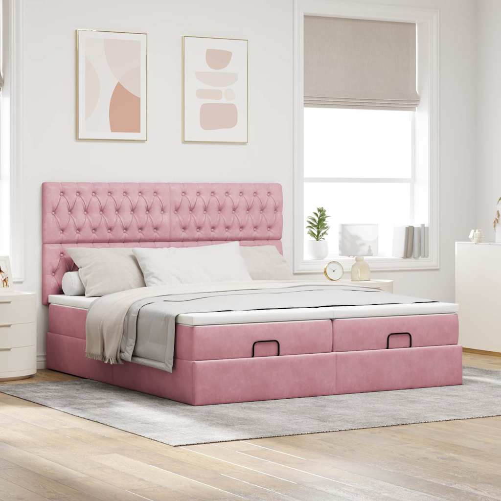Moldura de cama otomana com colchão rosa 200x200cm veludo