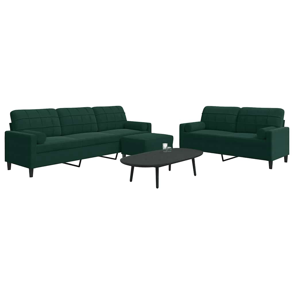 3 Pcs conjunto sofás com almofadões e rolos veludo verde-escuro