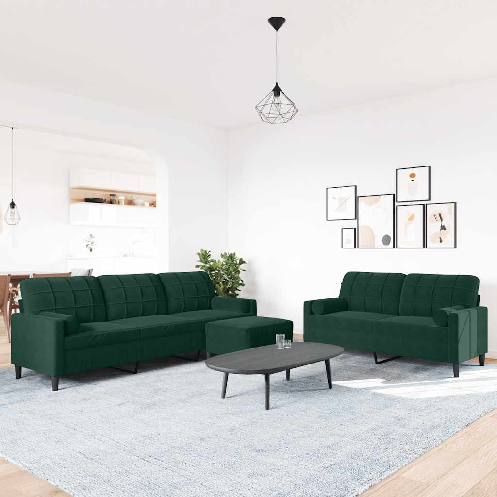 3 Pcs conjunto sofás com almofadões e rolos veludo verde-escuro